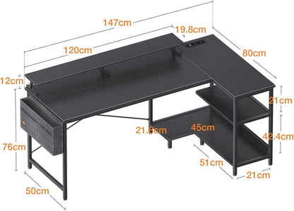 Schreibtisch L Form 147x80cm Weiß USB-Ladeanschluss Gaming Tisch mit