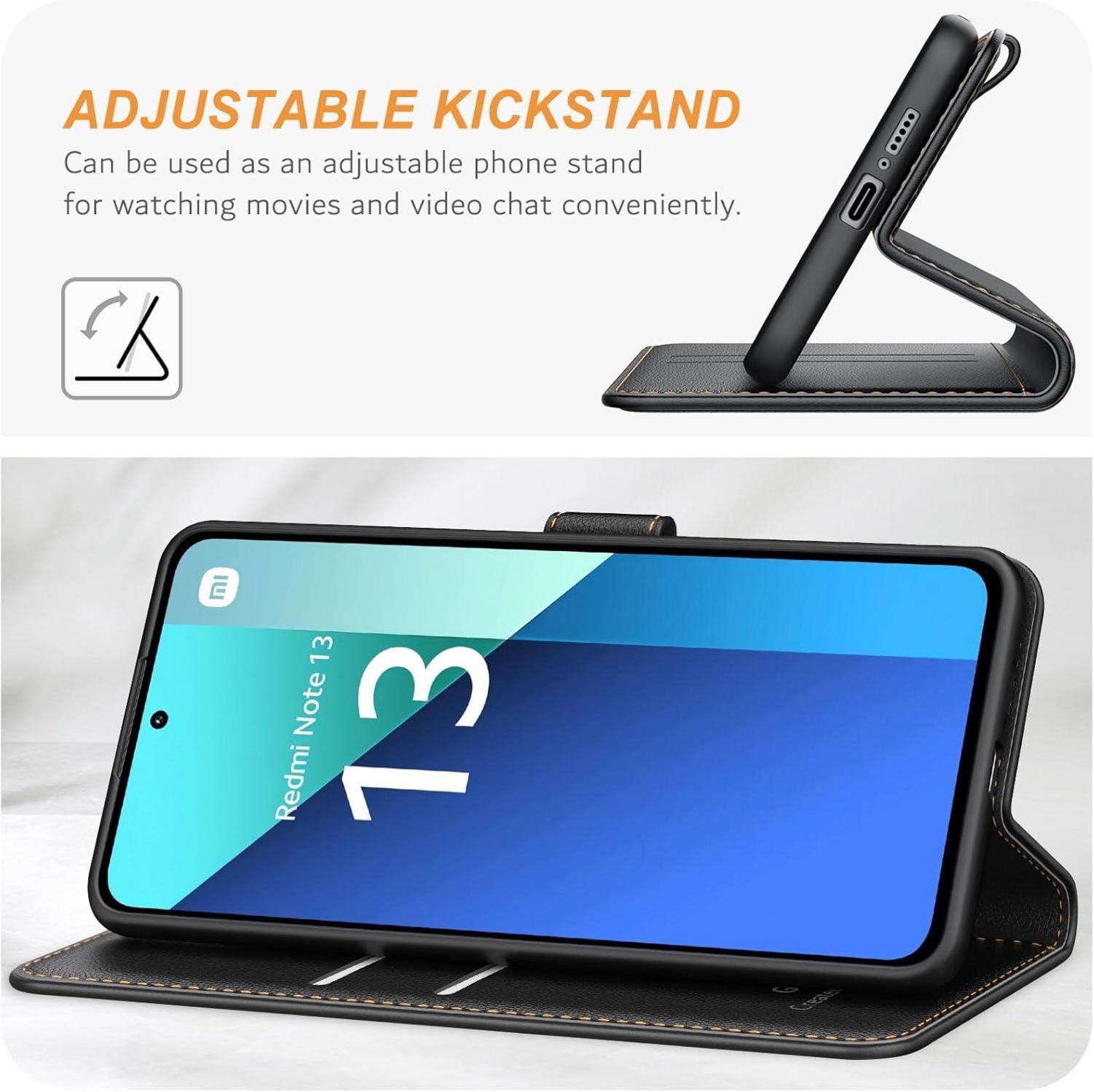 Leder Handyhülle Xiaomi Redmi Note 13 4G Klapphülle Schwarz mit Standfunktion