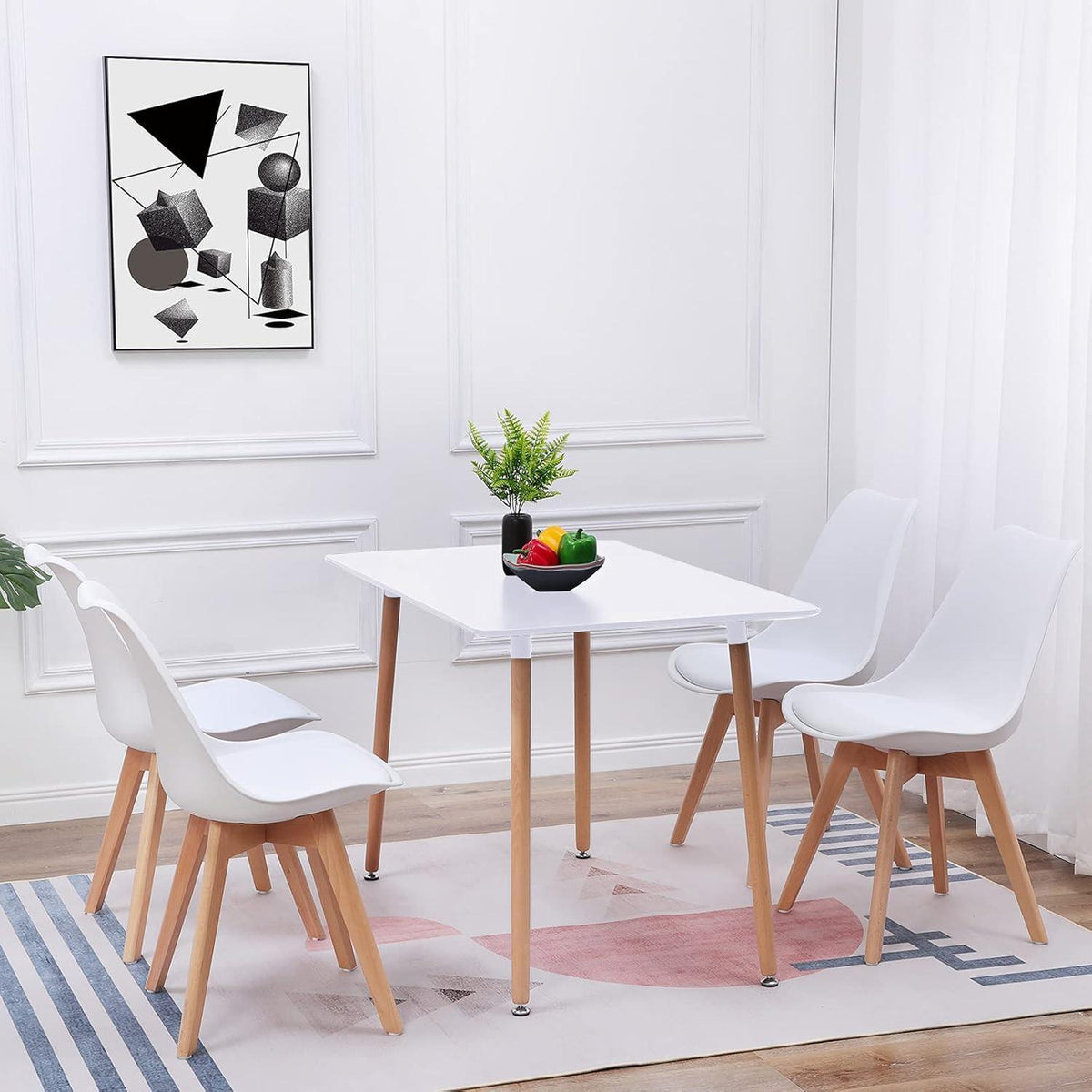 Esszimmergruppe Weiß mit 4 Buche-Stühlen | Modernes Esszimmer-Set