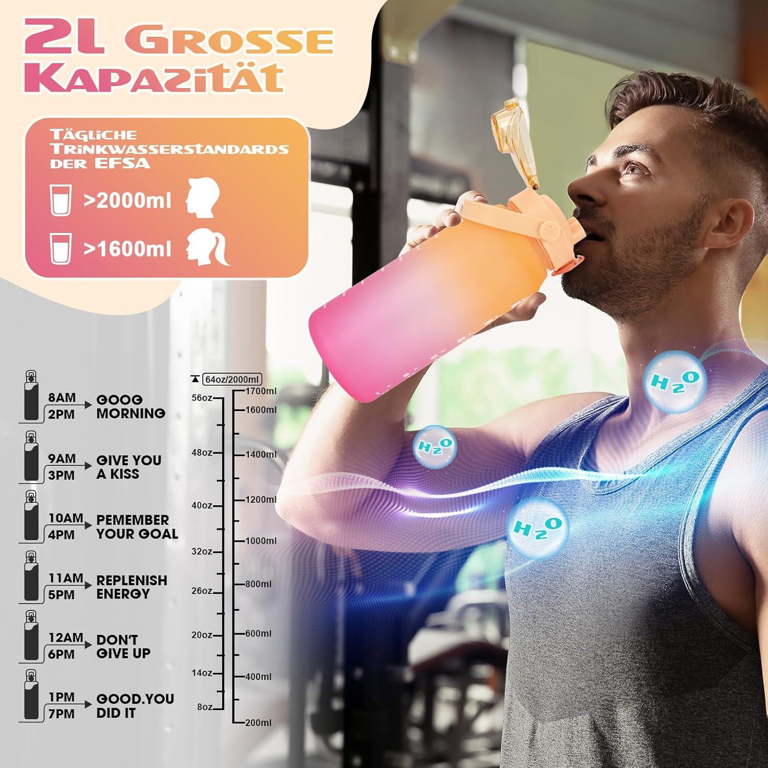 AOPREL Trinkflasche 2l mit Strohhalm und Früchtebehälter Gelb/Rosa