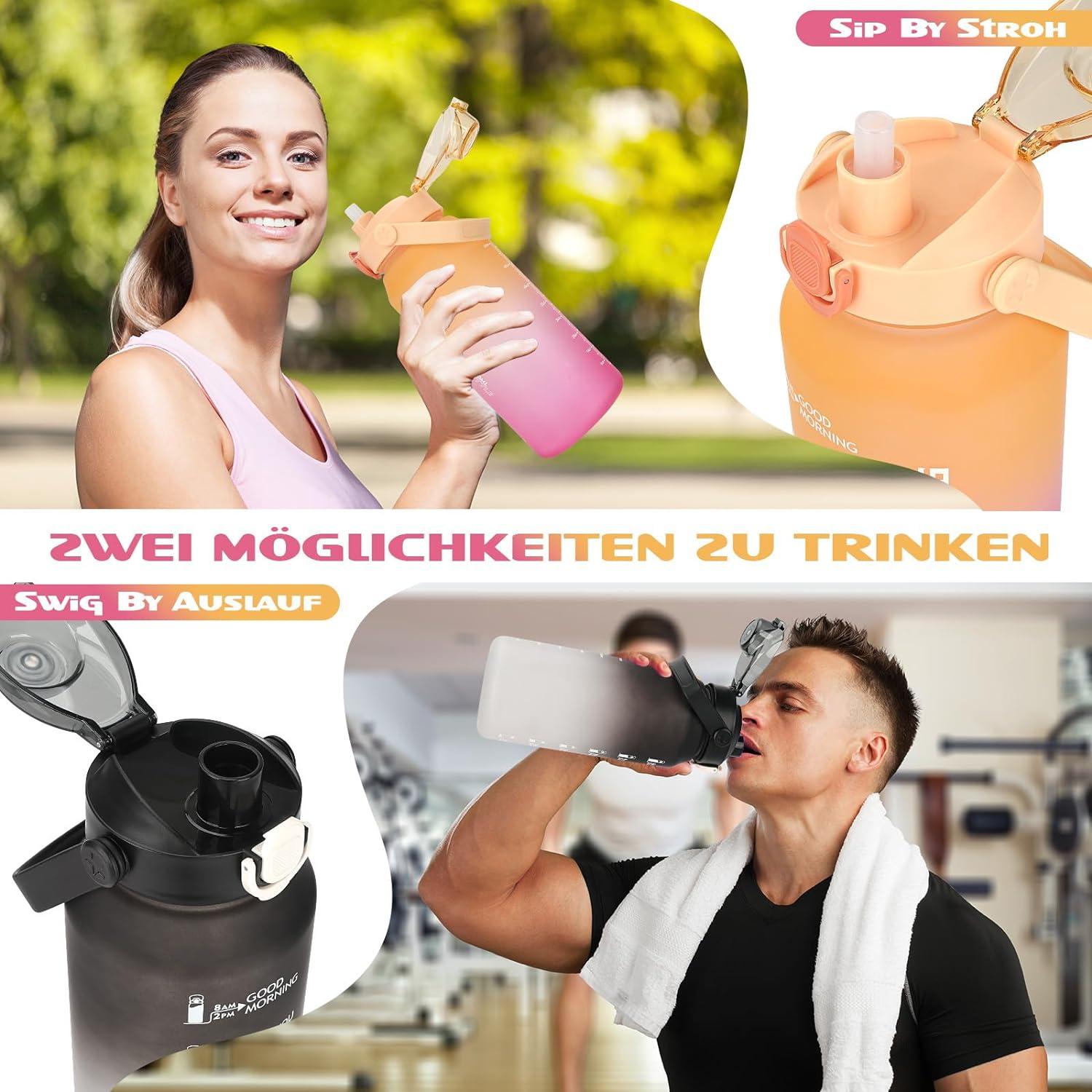 AOPREL Trinkflasche 2l mit Strohhalm, Zeitmarkierung Gelb/Rosa