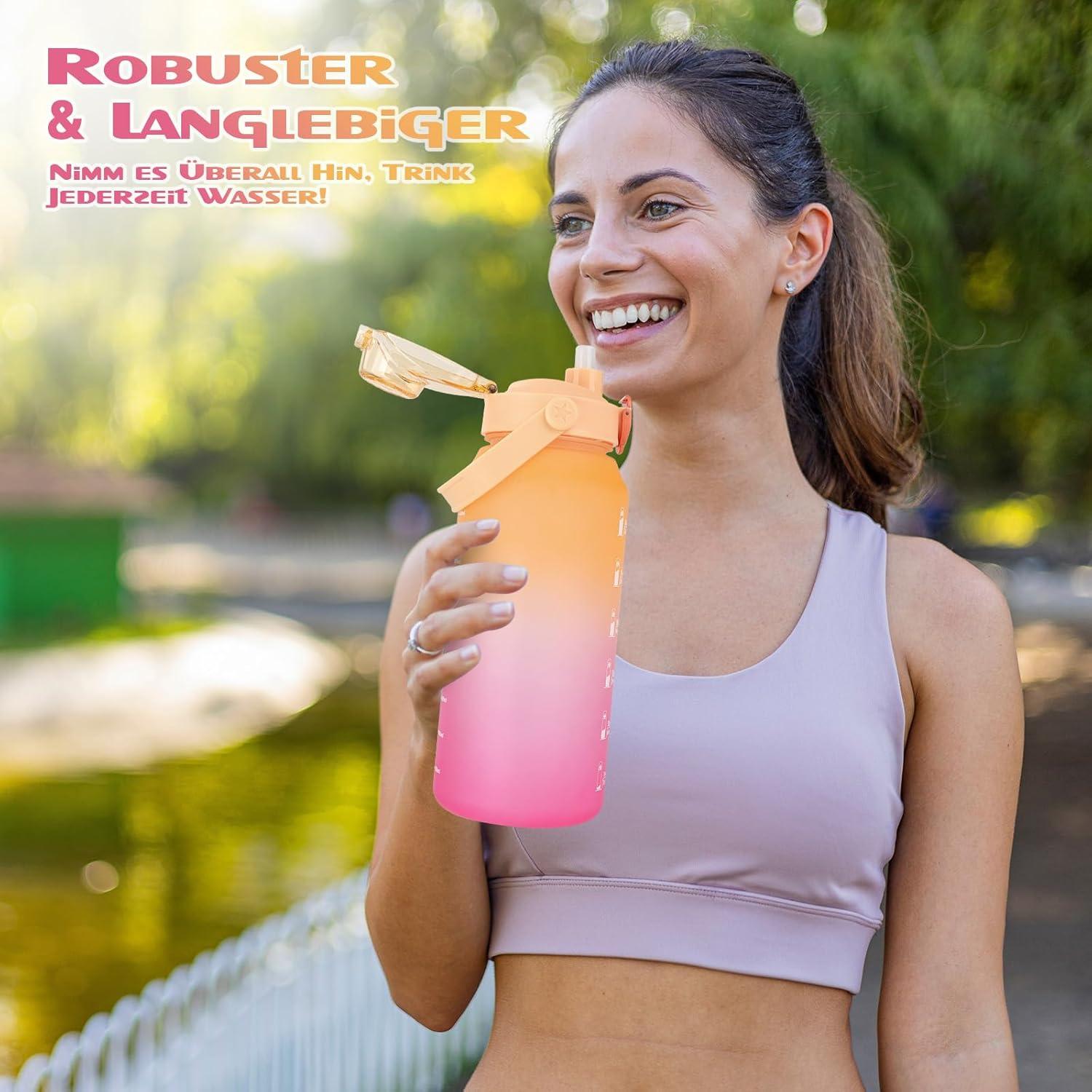 AOPREL Trinkflasche 2l mit Strohhalm, Zeitmarkierung Gelb/Rosa