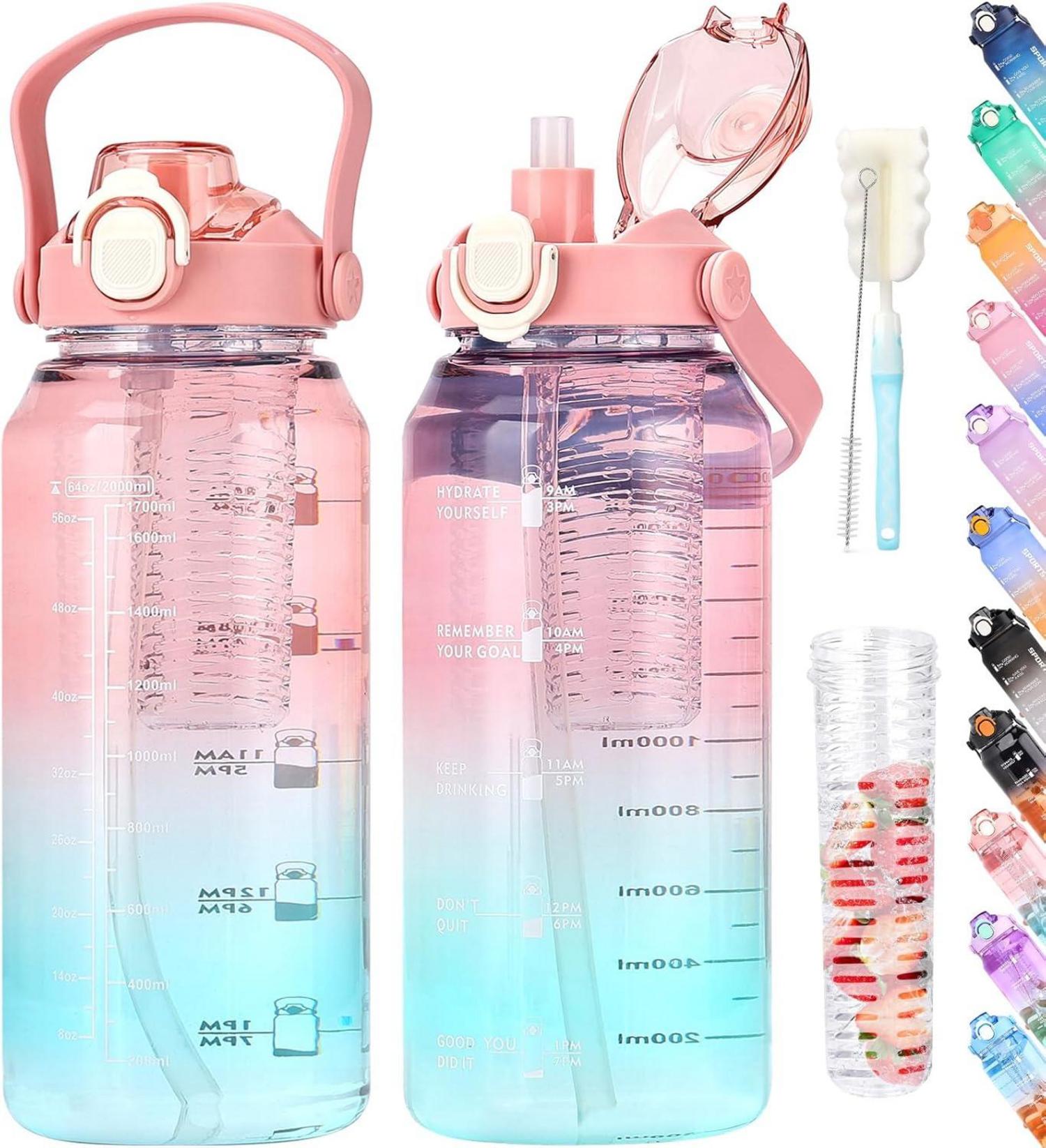 Trinkflasche 2l mit Strohhalm, Früchtebehälter, Zeitmarkierung