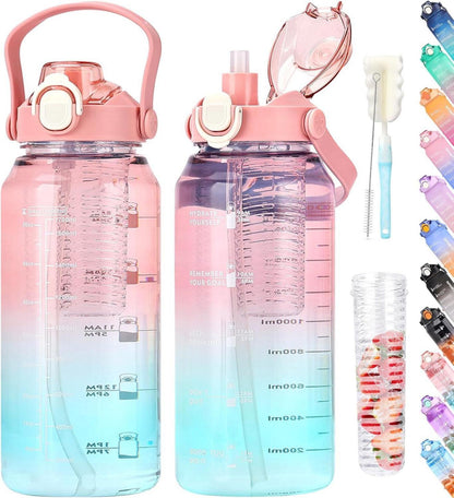 Trinkflasche 2l mit Strohhalm, Früchtebehälter, Zeitmarkierung