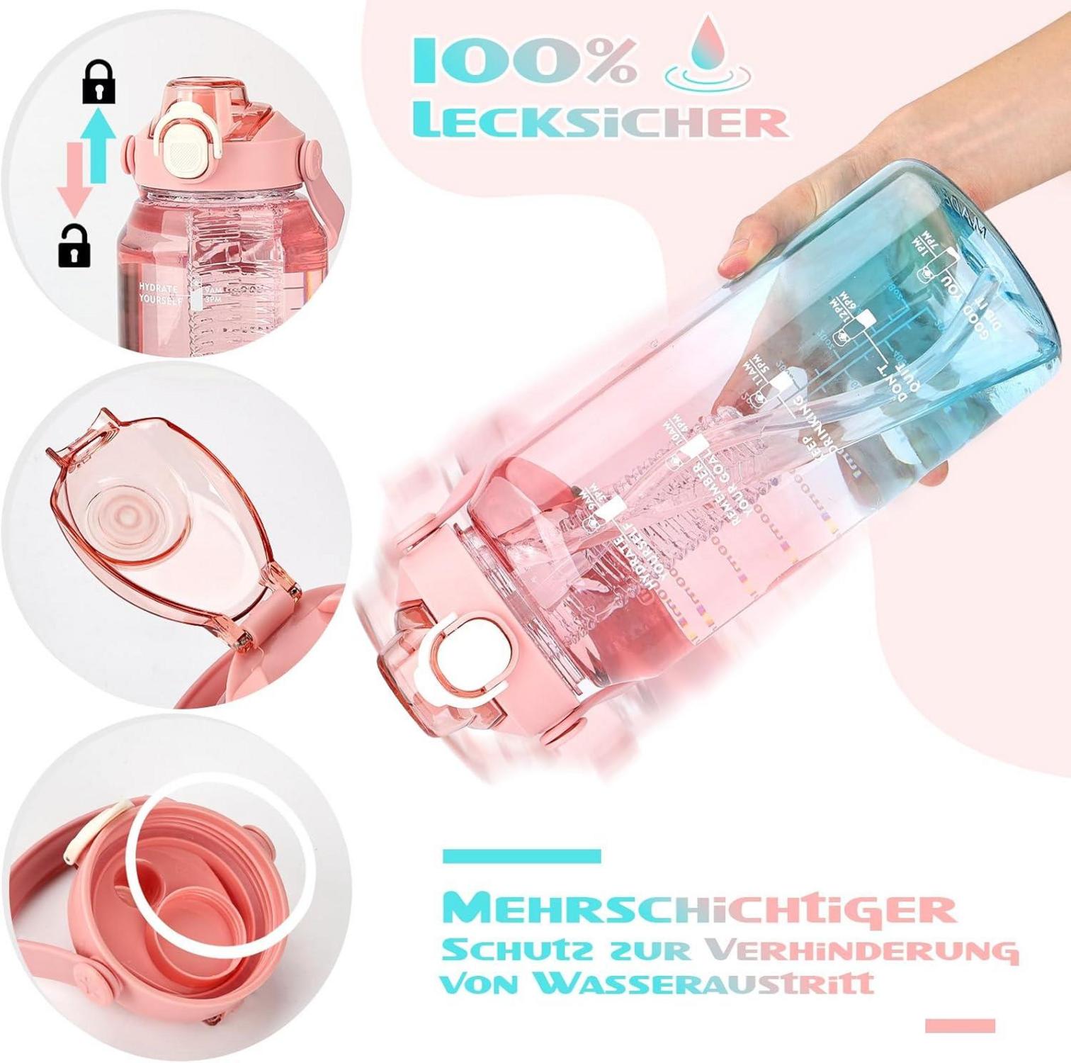 Trinkflasche 2l mit Strohhalm, Früchtebehälter, Zeitmarkierung