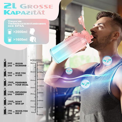 AOPREL Trinkflasche 2l mit Strohhalm und Früchtebehälter, BPA Frei, Auslaufsicher, Zeitmarkierung