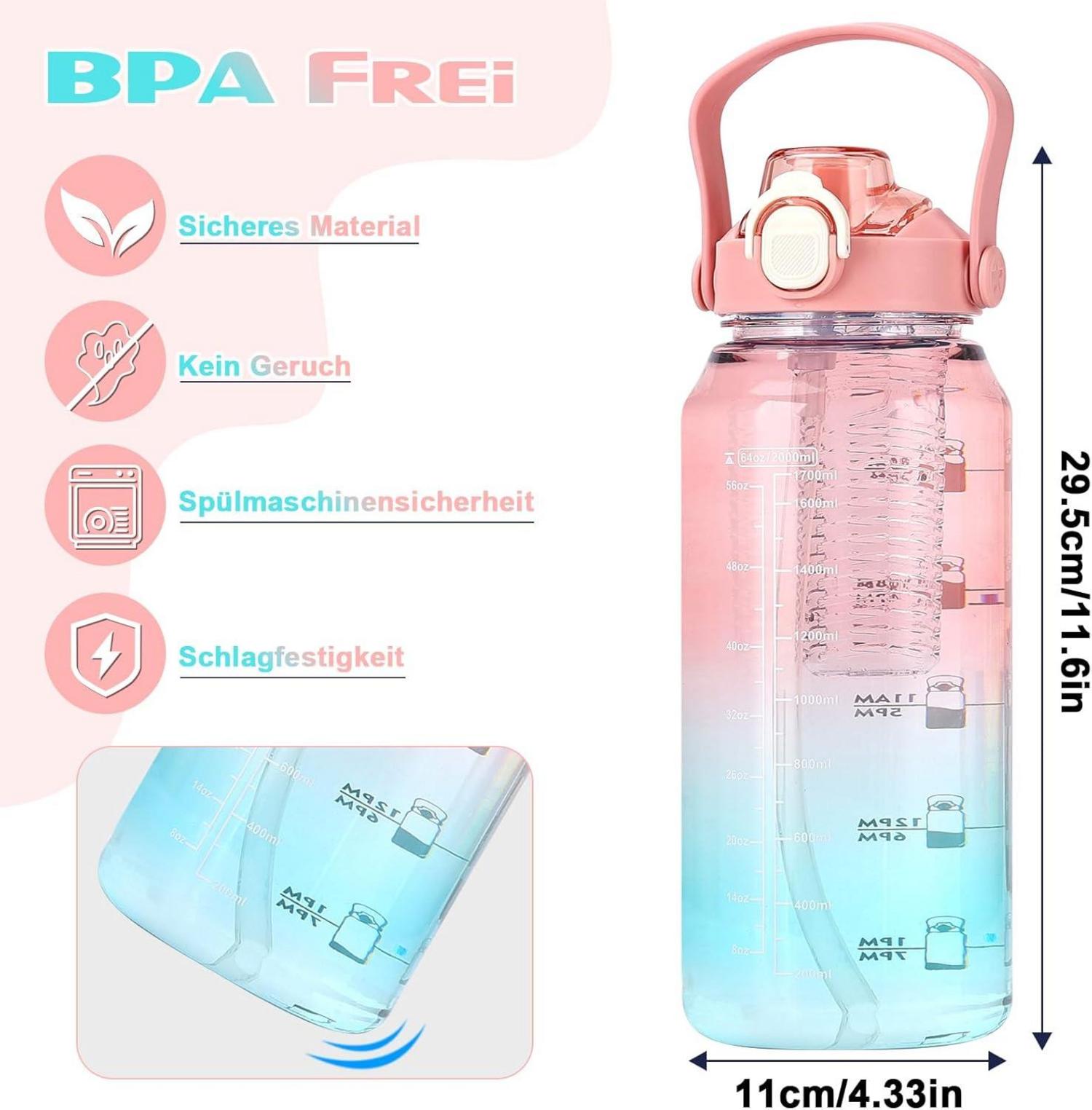 Trinkflasche 2l mit Strohhalm & Früchtebehälter, BPA