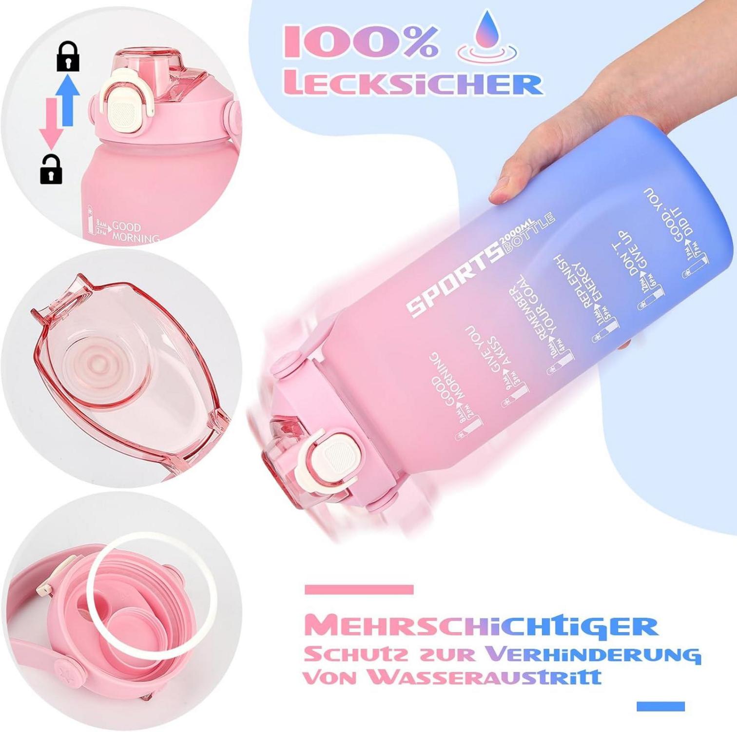 Trinkflasche 2l mit Strohhalm & Zeitmarkierung, BPA