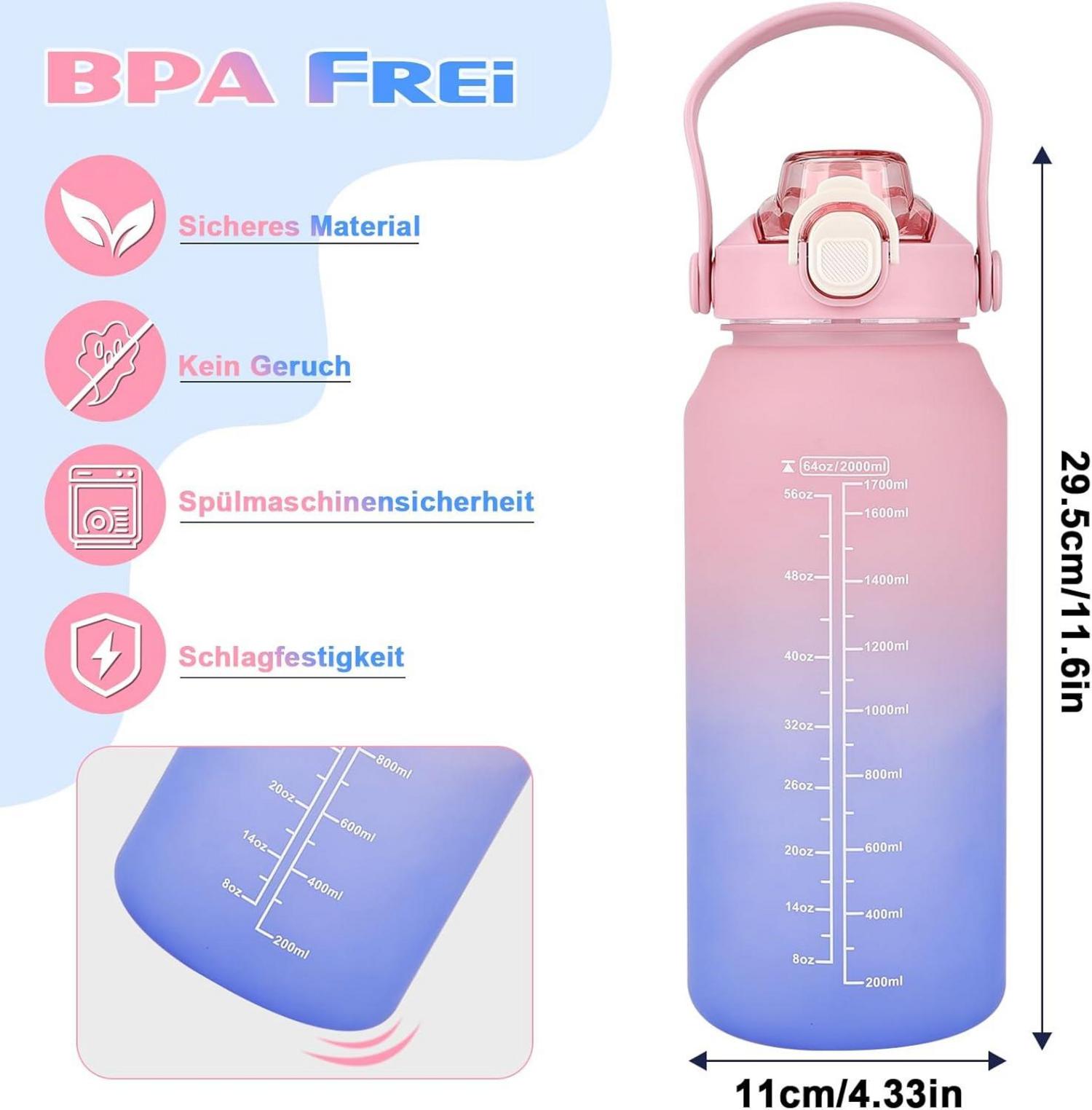 Trinkflasche 2l mit Strohhalm, Früchtebehälter, Zeitmarkierung-Fitness