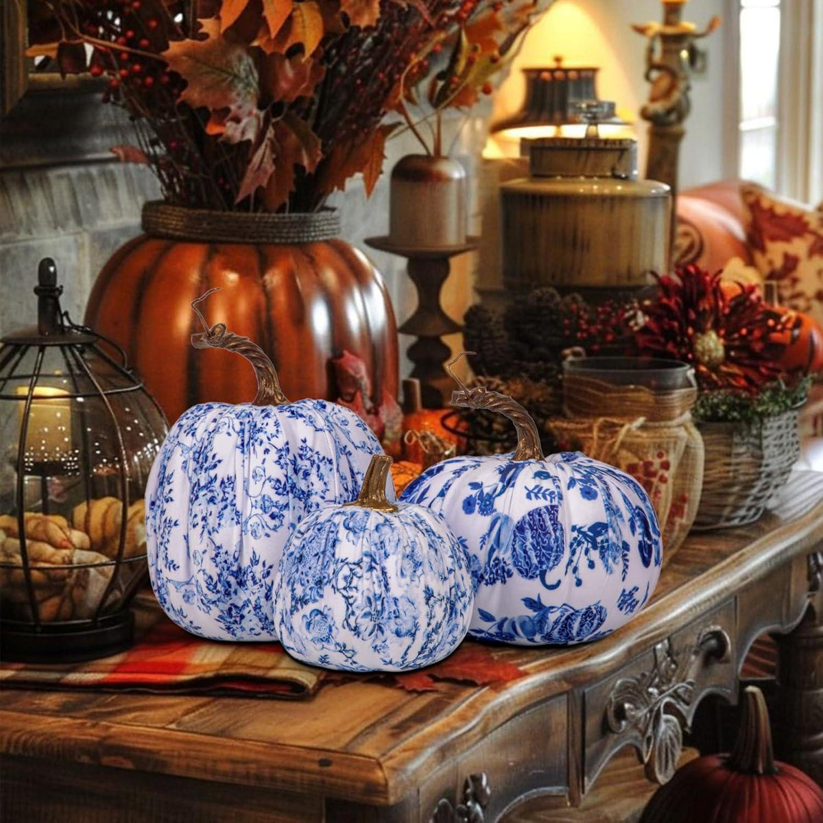 3er Set Künstlicher Kürbis Deko Herbst Halloween Blau Weißer