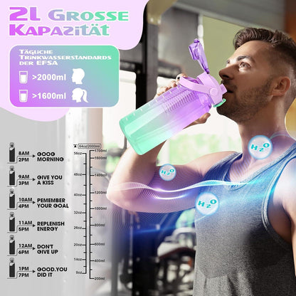 AOPREL Trinkflasche 2l mit Strohhalm & Früchtebehälter Transparent Lila Grün
