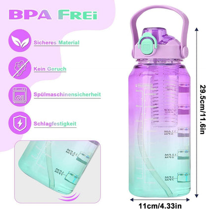 Trinkflasche 2l mit Strohhalm Früchtebehälter Zeitmarkierung Sport BPA