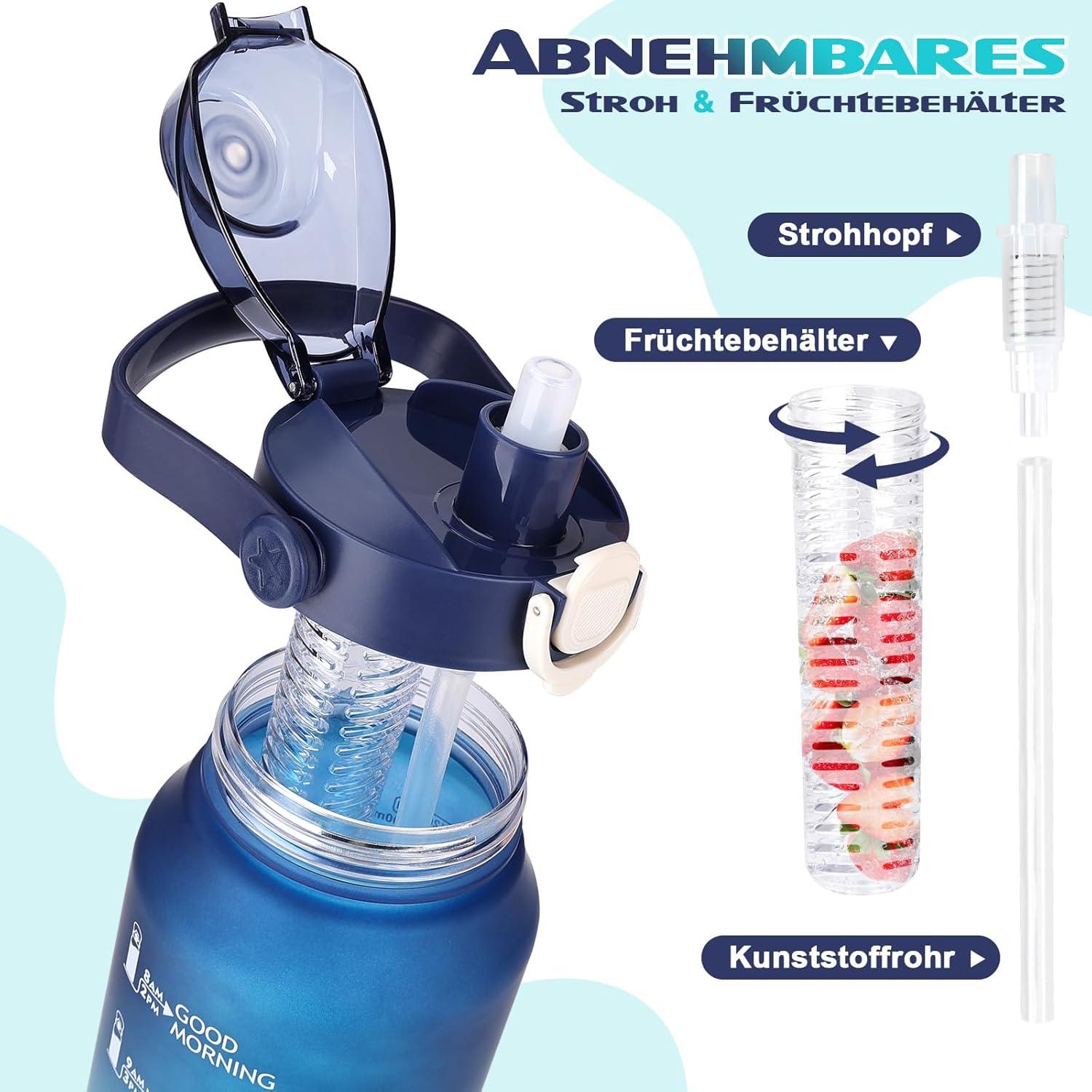 Trinkflasche 2l mit Strohhalm und Früchtebehälter, BPA frei