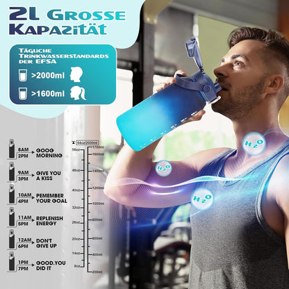 Wasserflasche 2l mit Strohhalm und Früchtebehälter, BPA-frei, Auslaufsicher, Zeitmarkierung