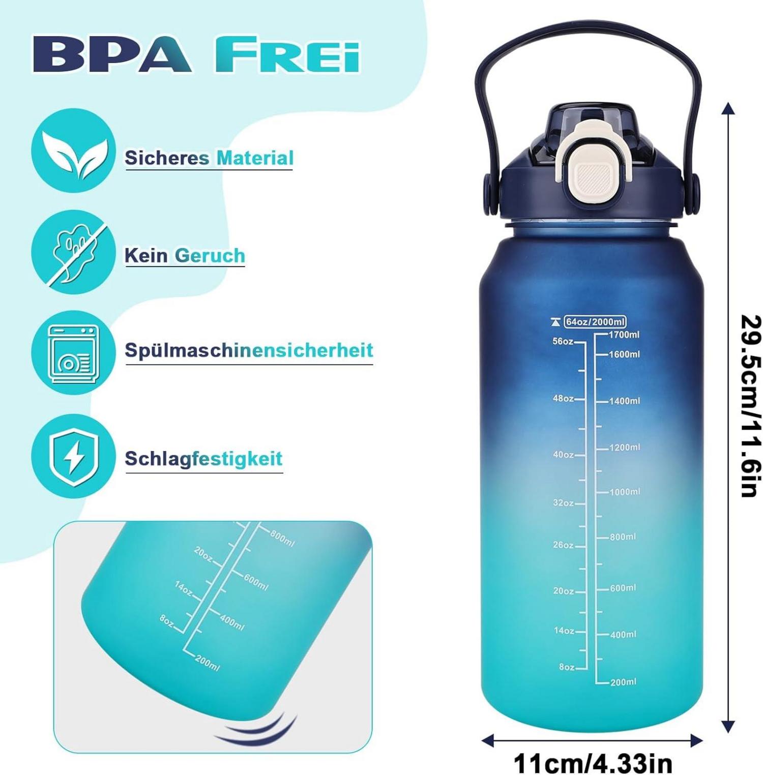 Trinkflasche 2l mit Strohhalm, Früchtebehälter & Zeitmarkierung