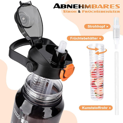 AOPREL Trinkflasche 2l mit Strohhalm Früchtebehälter