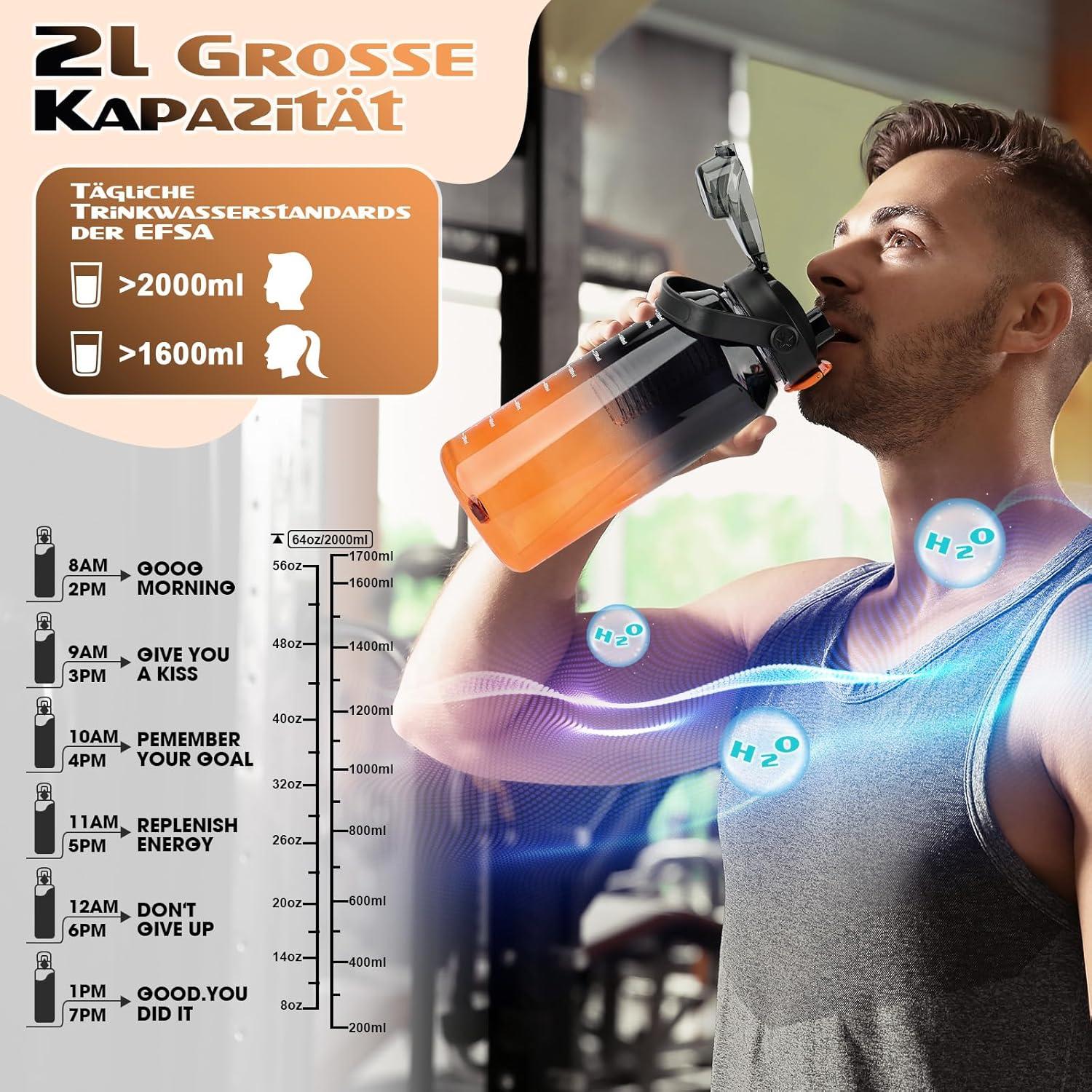 AOPREL Trinkflasche 2l mit Strohhalm, Früchtebehälter und Zeitmarkierung