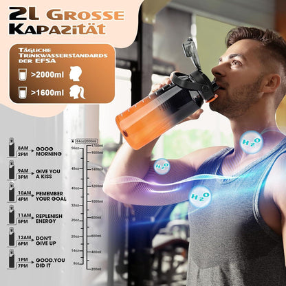 AOPREL Trinkflasche 2l mit Strohhalm, Früchtebehälter und Zeitmarkierung