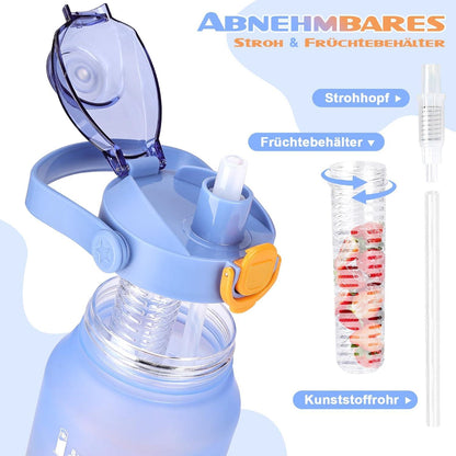 Trinkflasche 2l mit Strohhalm & Früchtebehälter, Sport