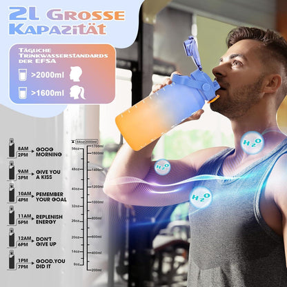 AOPREL Trinkflasche 2l mit Strohhalm, Früchtebehälter, Zeitmarkierung - BPA Frei, Auslaufsicher. Ideal für