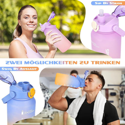 AOPREL Trinkflasche 2l mit Strohhalm, Früchtebehälter, Zeitmarkierung