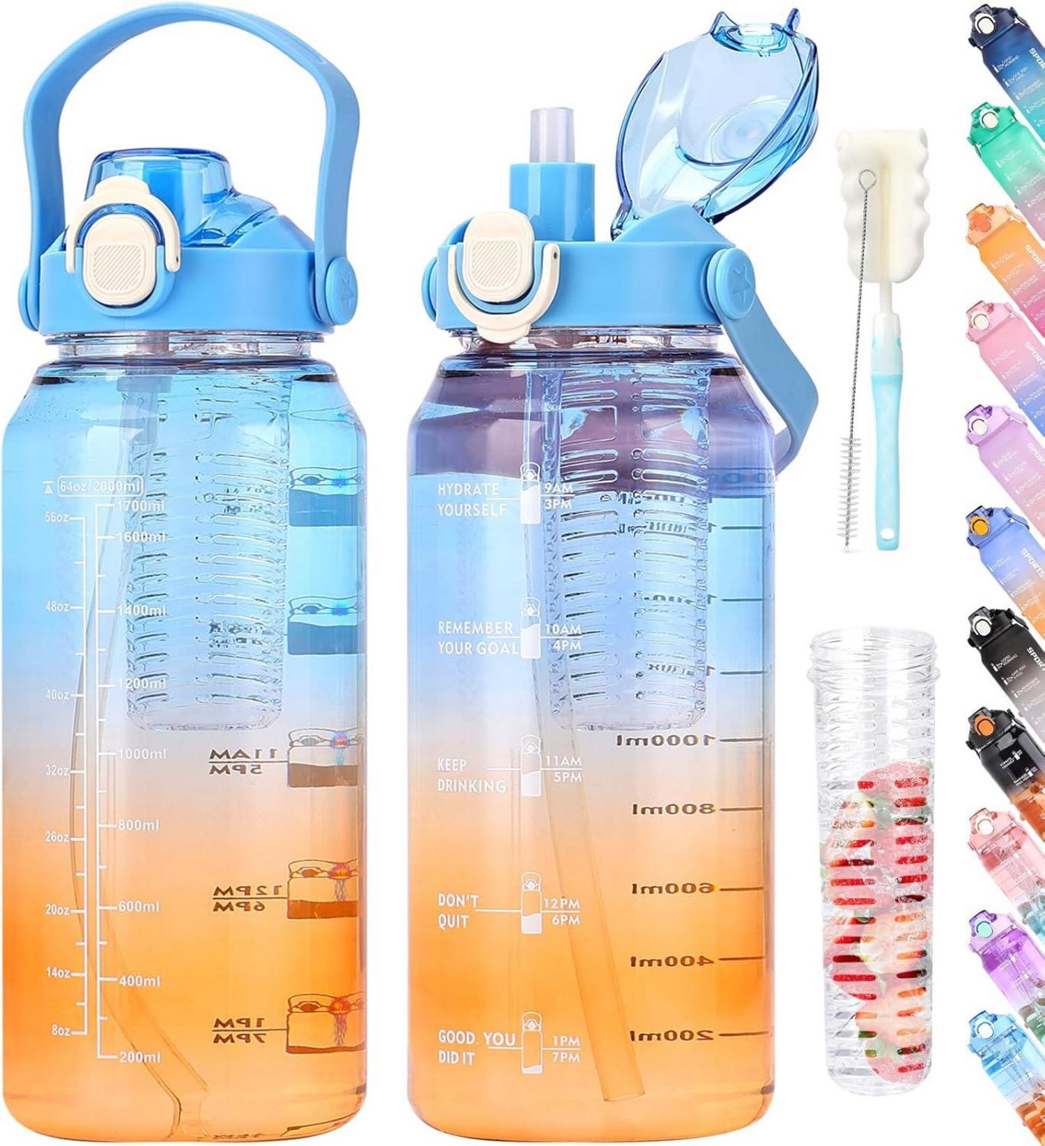 Sport Trinkflasche 2l mit Strohhalm und Zeitmarkierung, BPA
