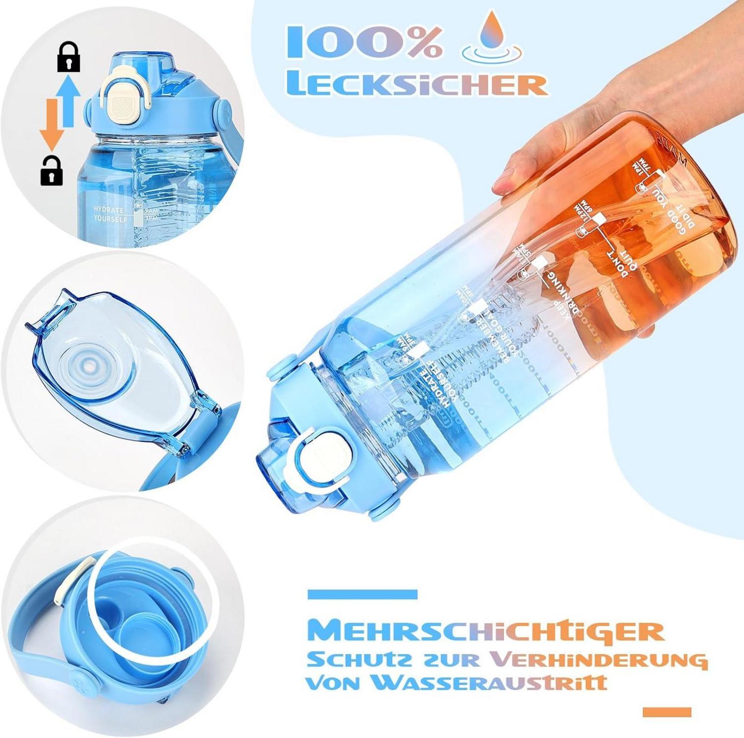 Sport Trinkflasche 2l mit Strohhalm und Zeitmarkierung, BPA