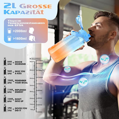AOPREL Trinkflasche 2l mit Strohhalm und Früchtebehälter Trans Blau Orange