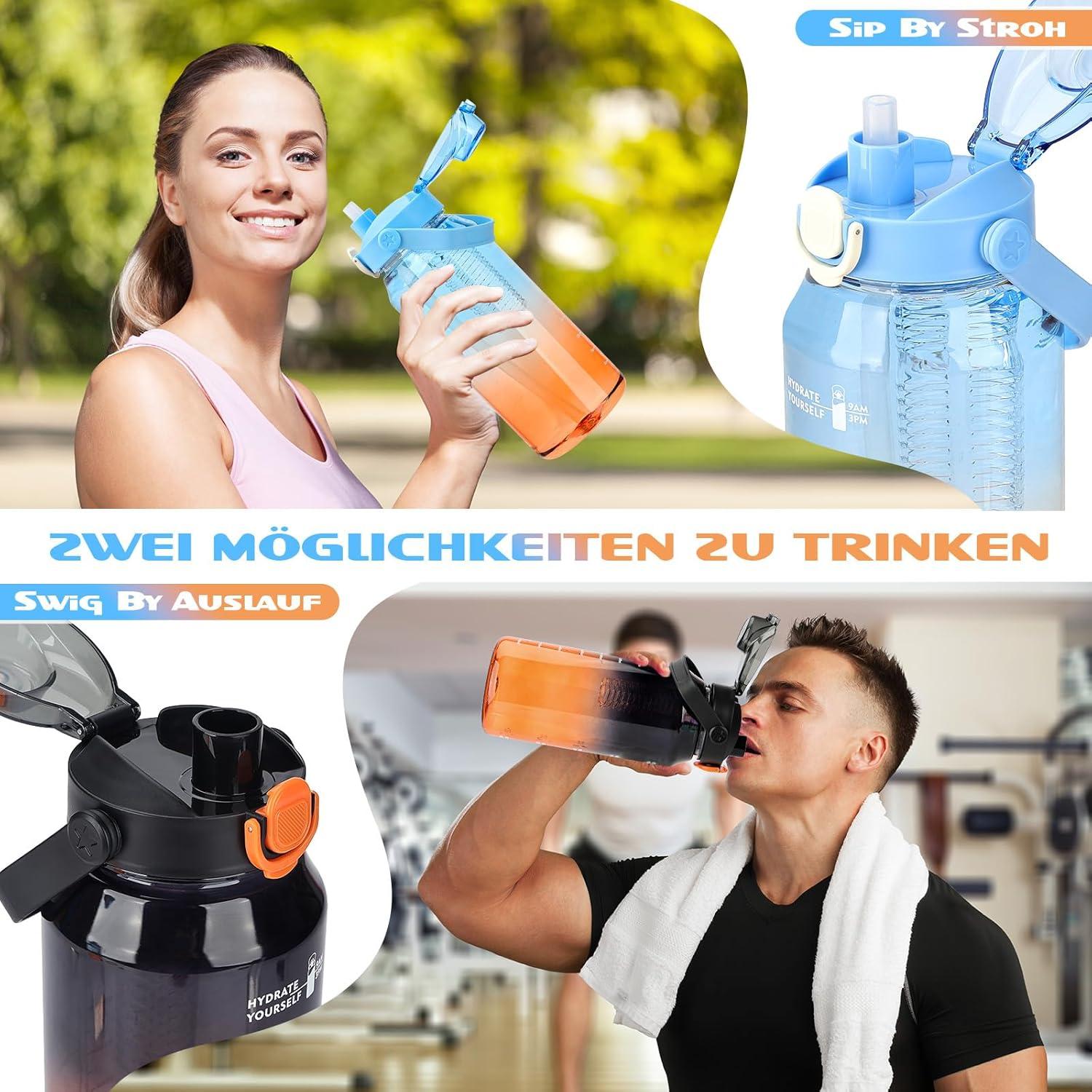 Trinkflasche 2l mit Strohhalm Früchtebehälter Sport Kohlensäure Geeignet