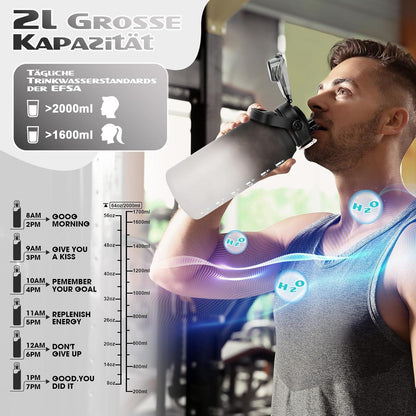 AOPREL Trinkflasche 2l mit Strohhalm & Früchtebehälter, BPA frei, Auslaufsicher, Zeitmarkierung, Schwarz Grau