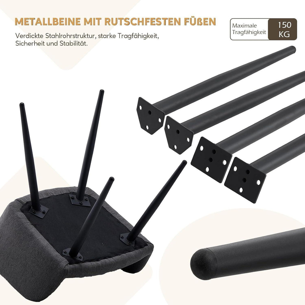Leinen Esszimmerstühle 2er Set mit Armlehnen & Metallbeinen