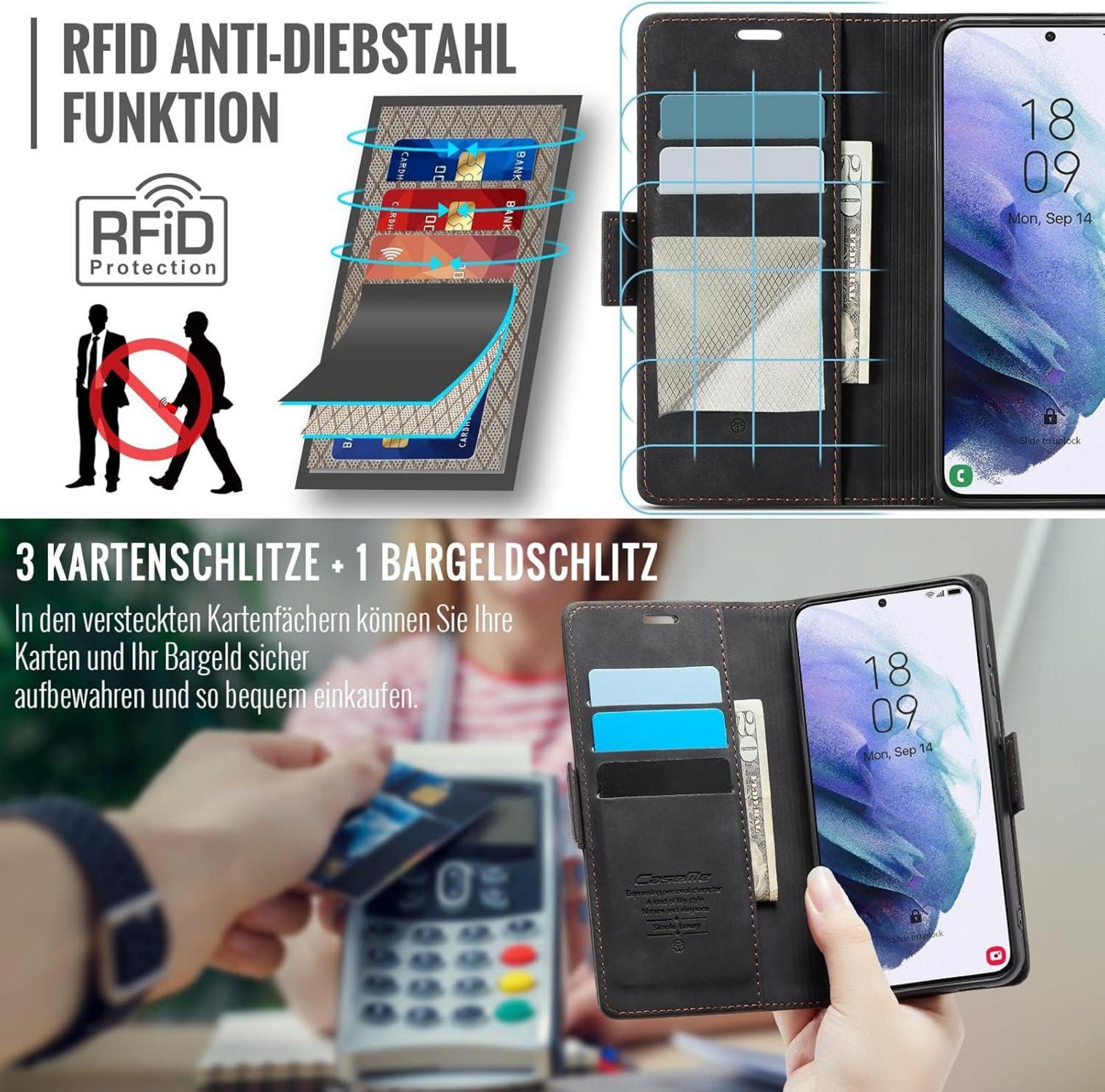 Samsung Galaxy S21 Hülle Klappbar Schwarz RFID Schutz Standfunktion 5G Flip Case