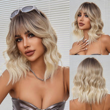 Ombre Blonde Kurz Gewellte Synthetische Haar Perücke mit Pony