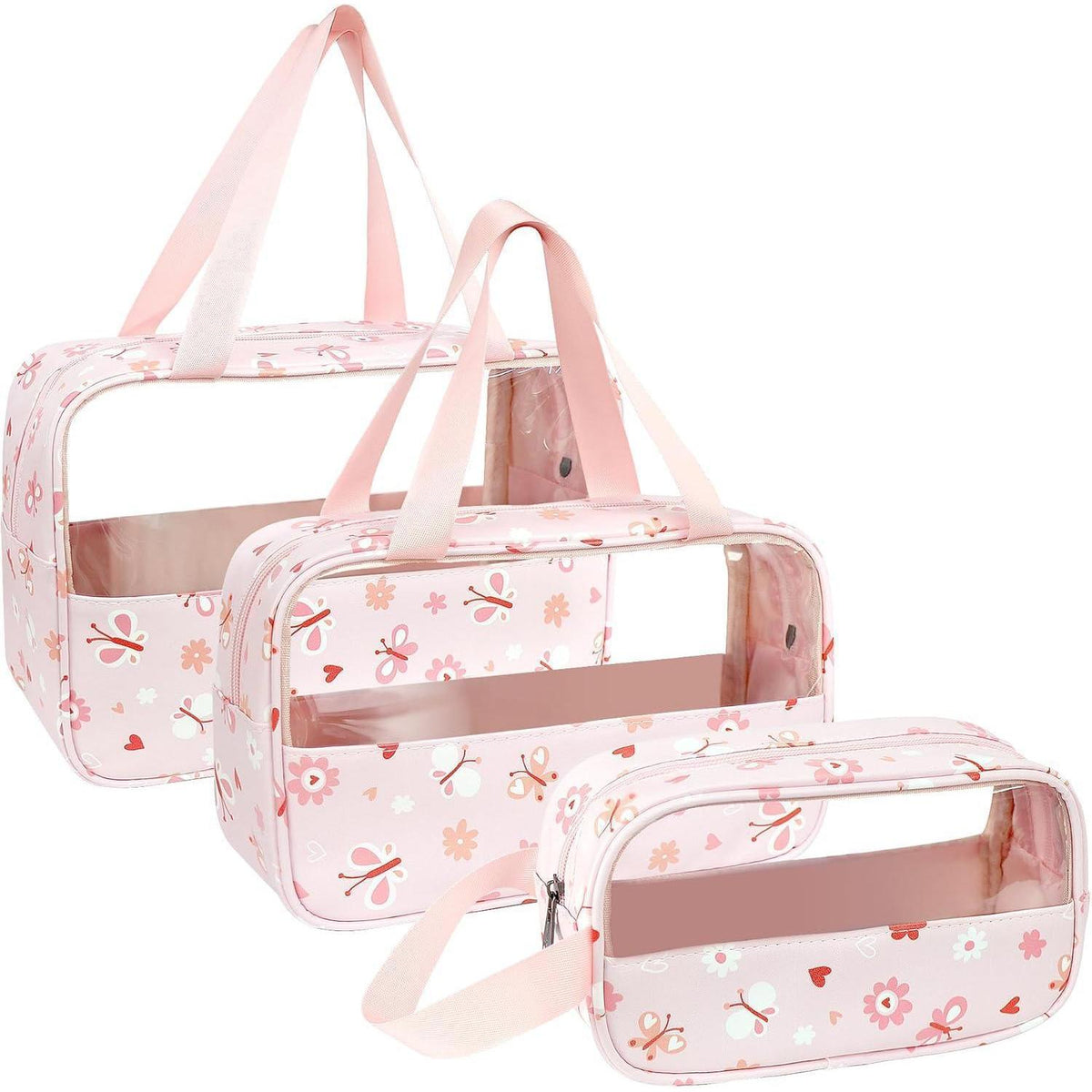 Transparente Kosmetiktaschen Set 3 Stück, Wasserdicht PVC Kulturbeutel Rosa