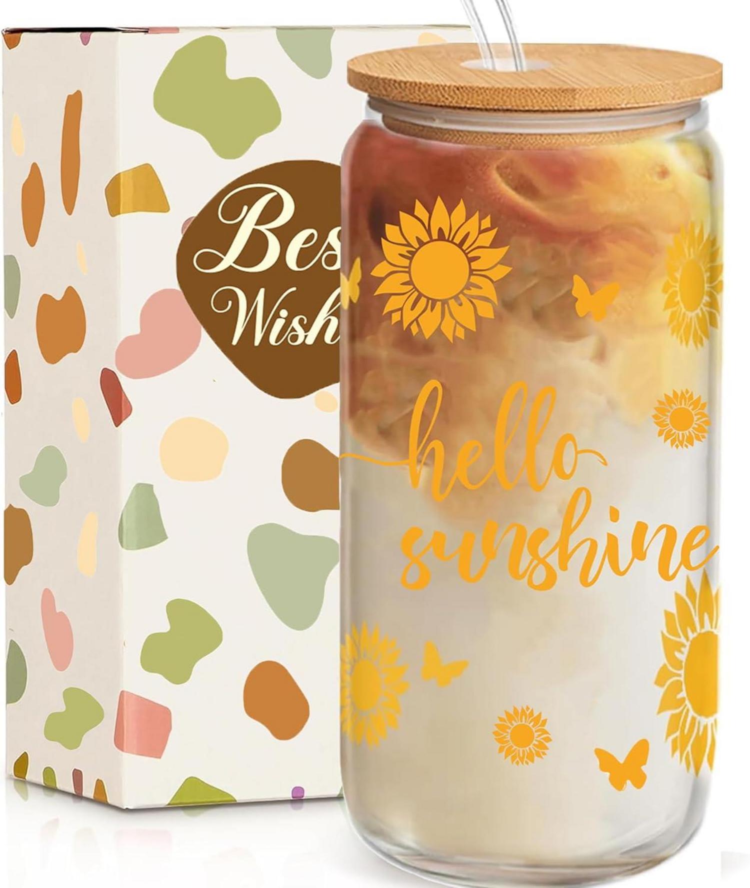 Sonnenblumen Glasbecher mit Deckel und Strohhalm