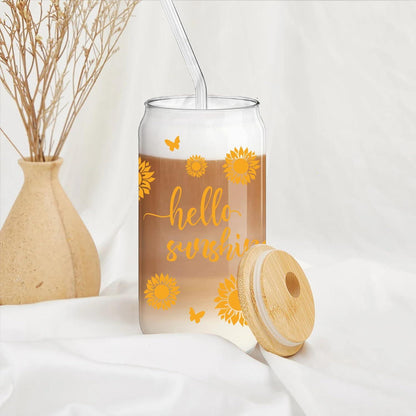MEIMUCUL Sonnenblume Glas Tasse mit Deckel und Strohhalm