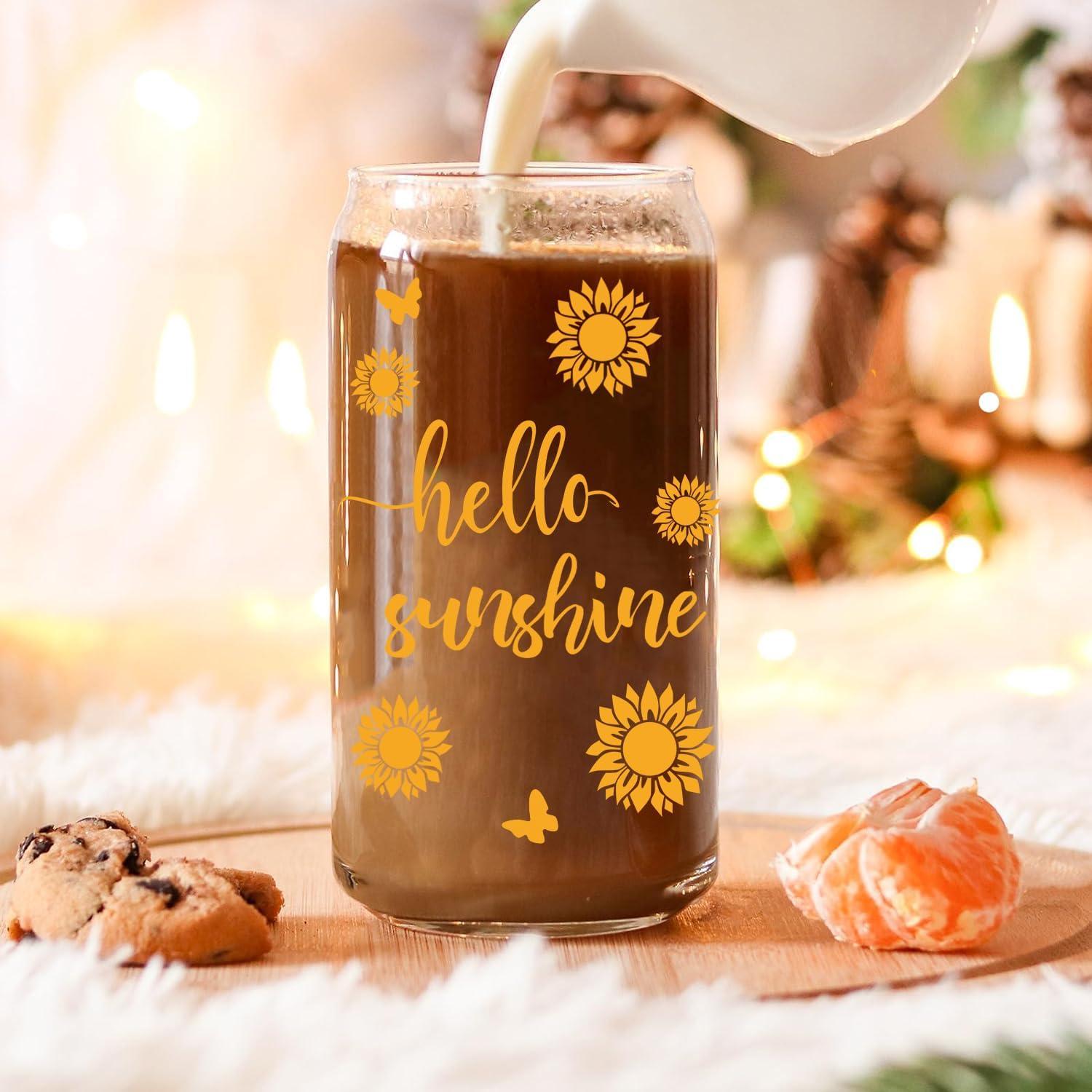 Geschenkset Sonnenblumenglasbecher mit Deckel und Strohhalm