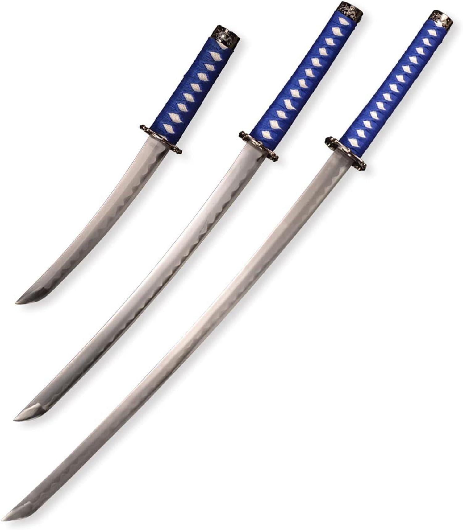 3 Samurai-Schwerter mit echtem Metall und Ausstellungsregal
