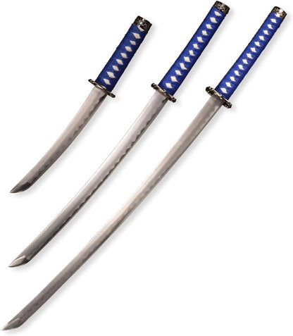 3 Samurai-Schwerter mit echtem Metall und Ausstellungsregal