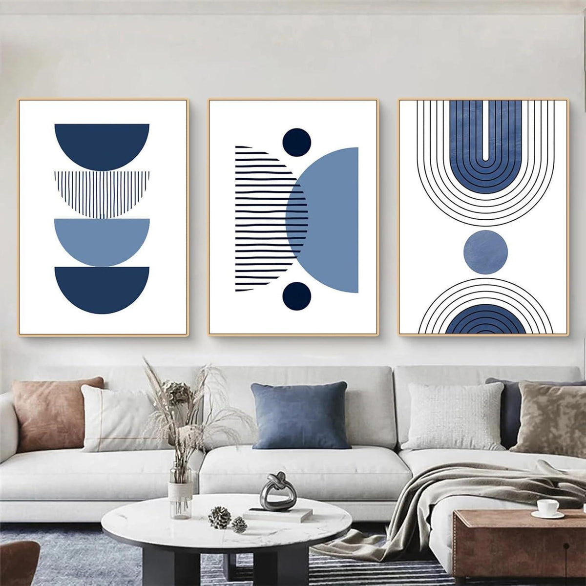 3er Boho Bilder Set Abstrakt Blau Pflanzen Wandposter 50x70cm