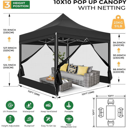 Faltpavillon 3x3 Wasserdicht mit Seitenwänden & Moskitonetz