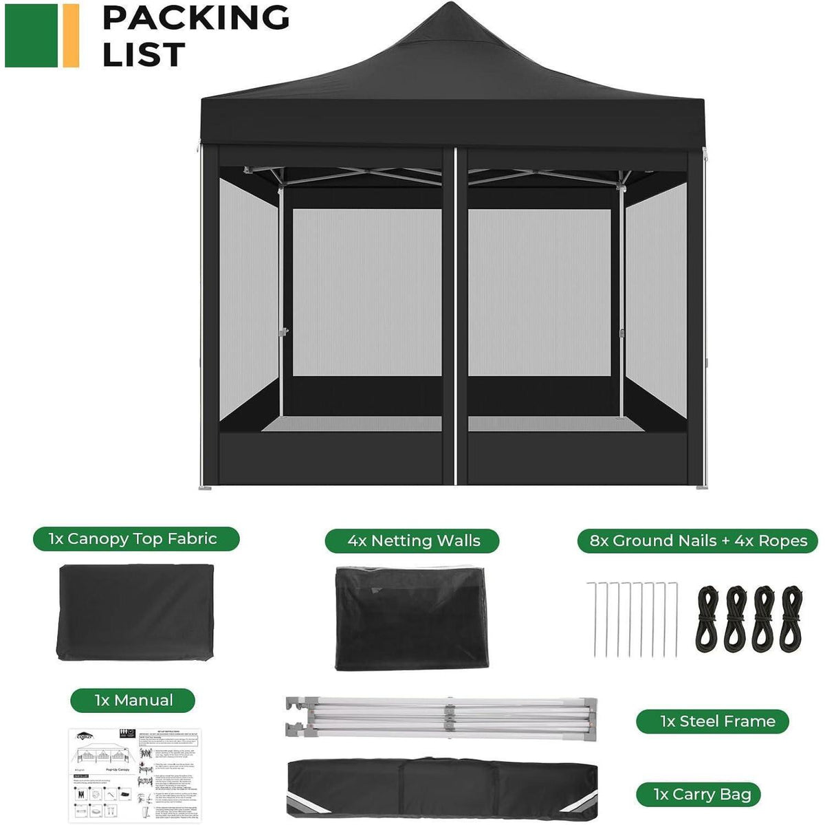 Faltpavillon 3x3 Wasserdicht mit Seitenwänden & Moskitonetz