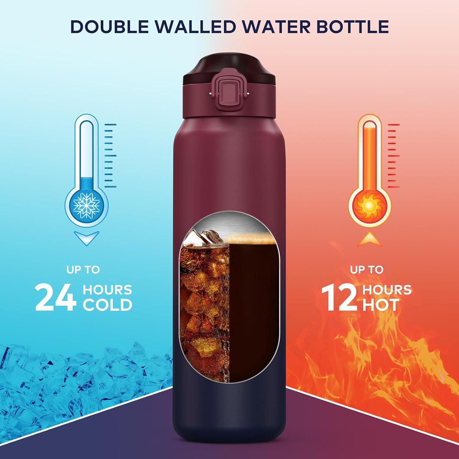 WEMEET Trinkflasche Edelstahl 1 Liter Abnehmbarer Strohhalm Doppelwandig Outdoor Arbeit Kinder Schule ROT SCHWARZ