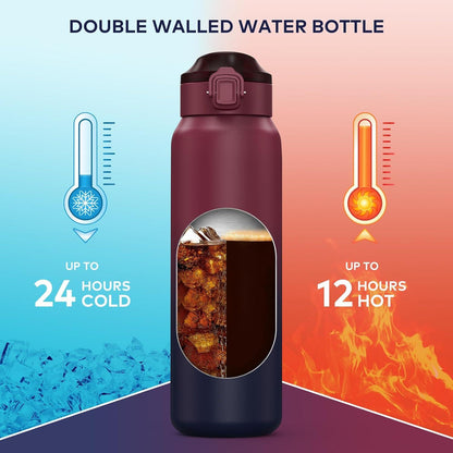 WEMEET Trinkflasche Edelstahl 1 Liter Abnehmbarer Strohhalm Doppelwandig Outdoor Arbeit Kinder Schule ROT SCHWARZ