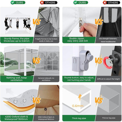 Faltpavillon 3x3 Wasserdicht mit Seitenwänden & Moskitonetz