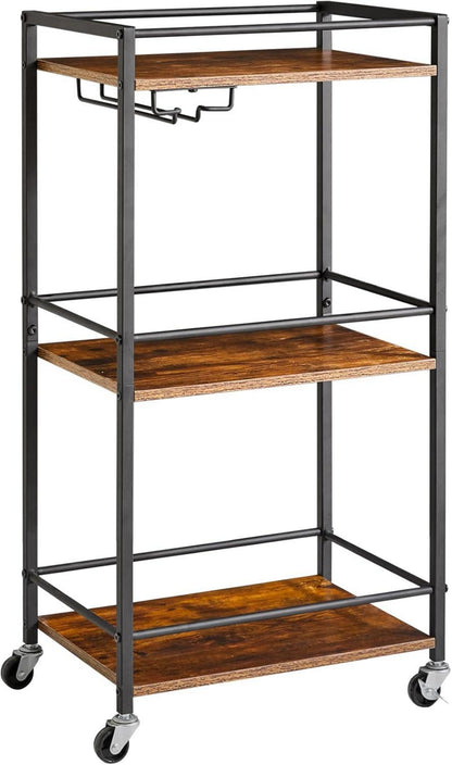 IBUYKE Bar Servierwagen 3-Etagen Getränkeregal Weinhalter Glashalter Braun
