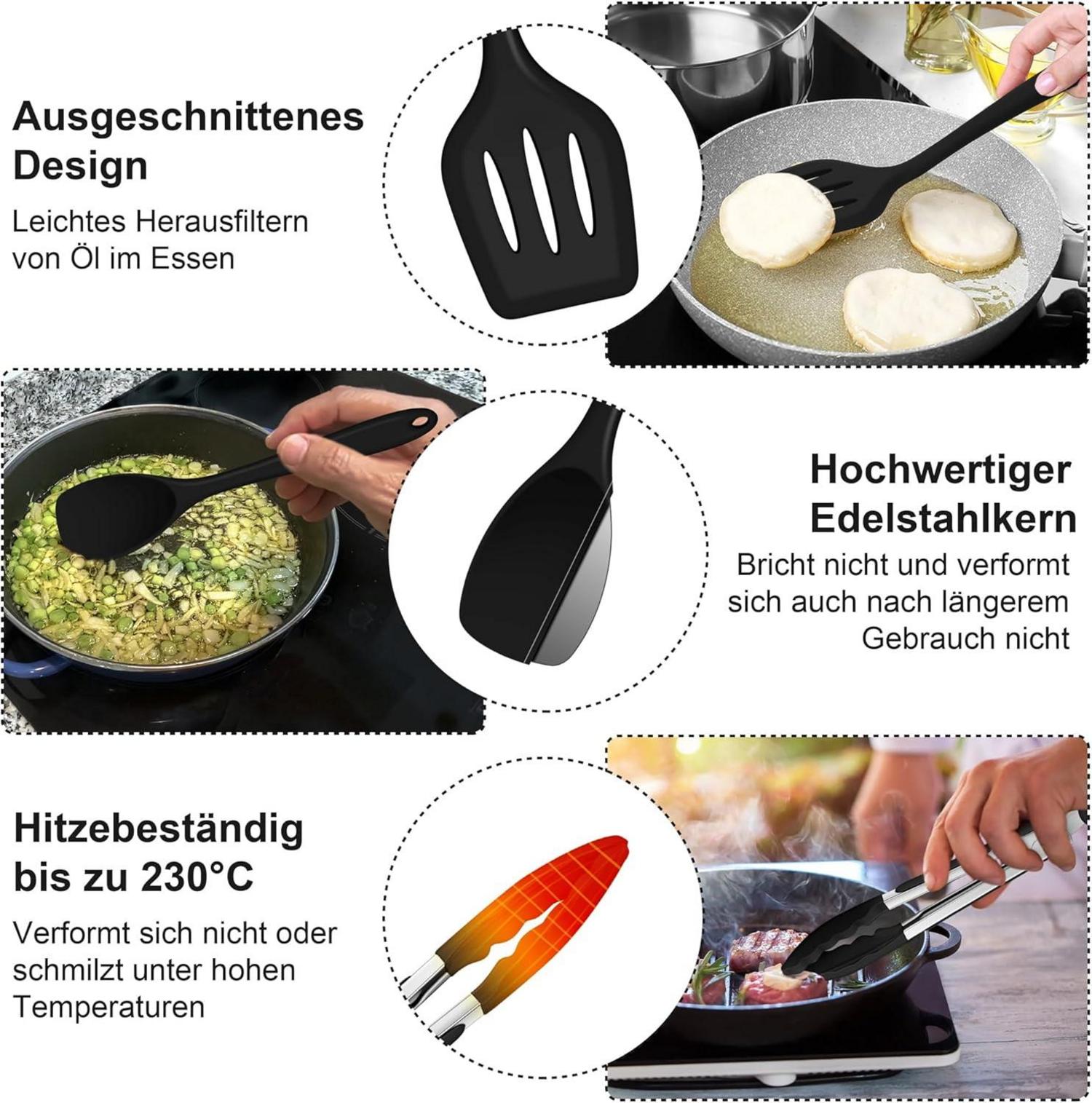Joyfair 6-teiliges Silikon Küchenutensilien Set Schwarz Spülmaschinenfest & hitzebeständig