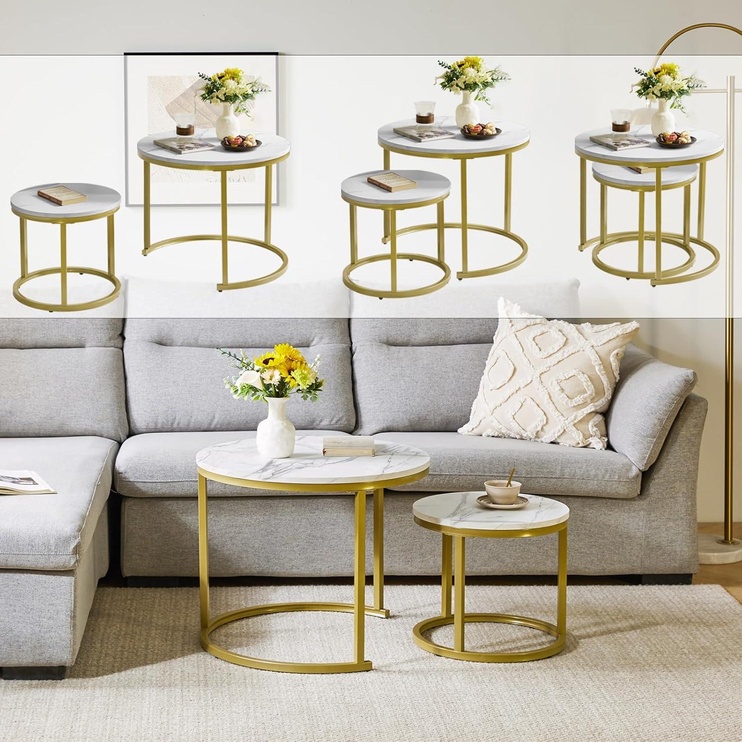 Runder Nisttisch 2er Set Beistelltische Weiß Gold Wohnzimmer Büro