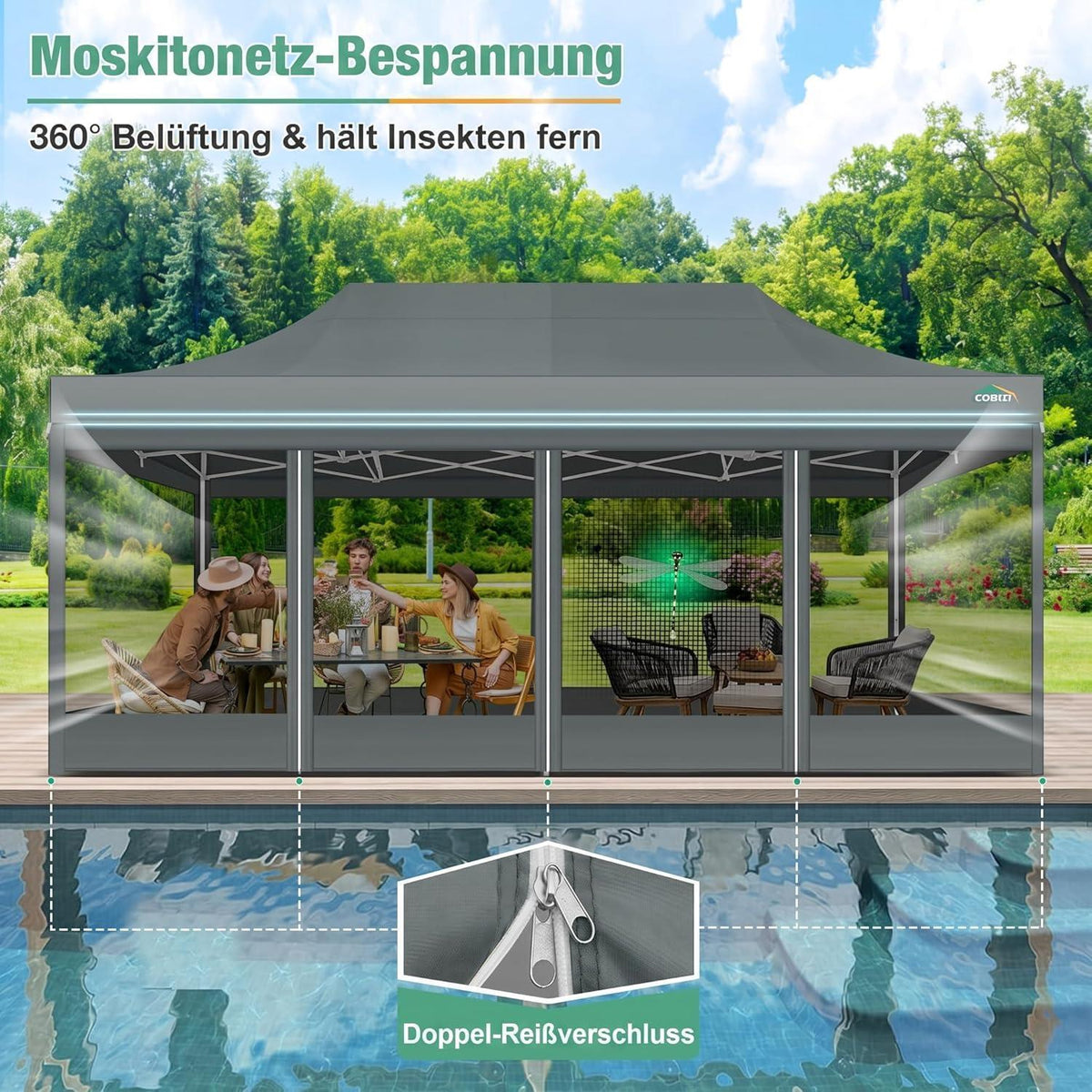 Faltpavillon 3x6m mit Moskitonetz & UV-Schutz