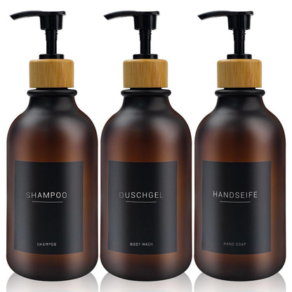 3x Seifenspender 500ml mit Etiketten – Bernstein Schwarz
